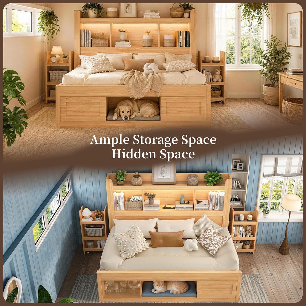 Twin Daybed with Bookcase Headboard & Hidden Bedside Racks, Oak
