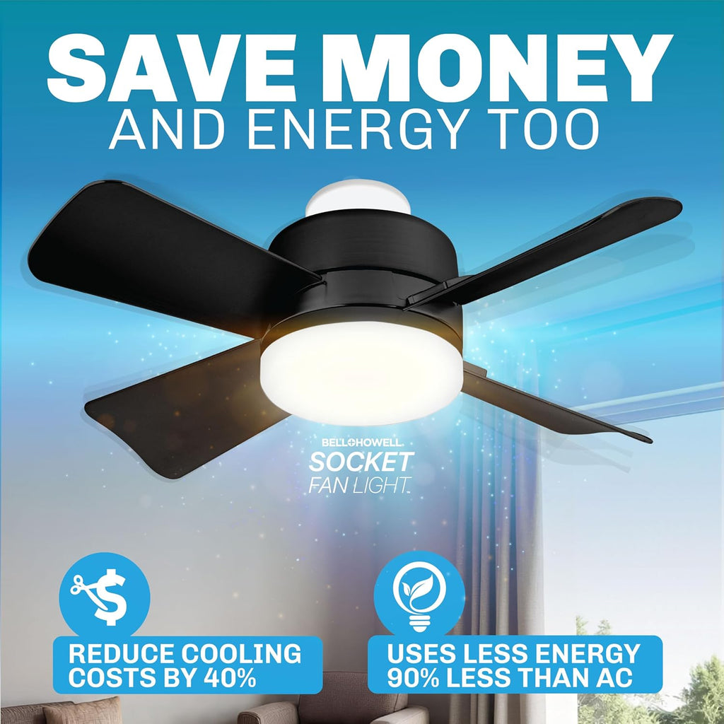 Breeze Socket Fan Light with Remote, 15.75" Cost Saving Ceiling Fans with Lights Replacement for Bedroom, Kitchen, Living Room, Warm 3500K, 1000 Lumens, Easily Screws into E26/E27
