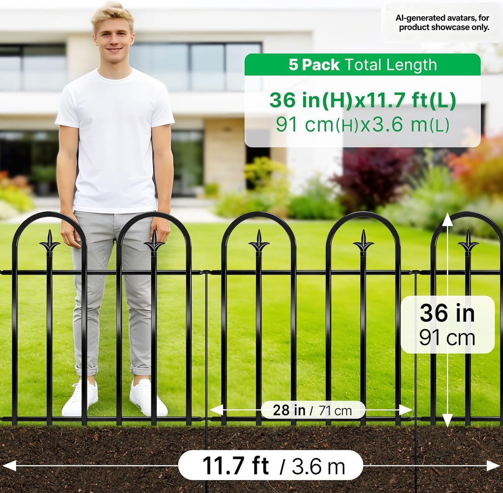 36" H x 28" W No Dig Garden Fence, 5 Panels 11.6ft Black Metal Decorative Fence, Rustproof Easy Assembly Garden
