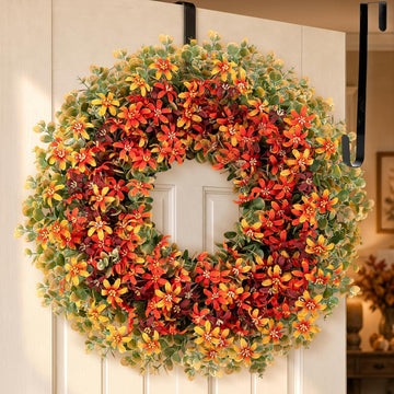 Fall Door Boxwood Wreath, 24 Inch Autumn Wreaths with Hanger