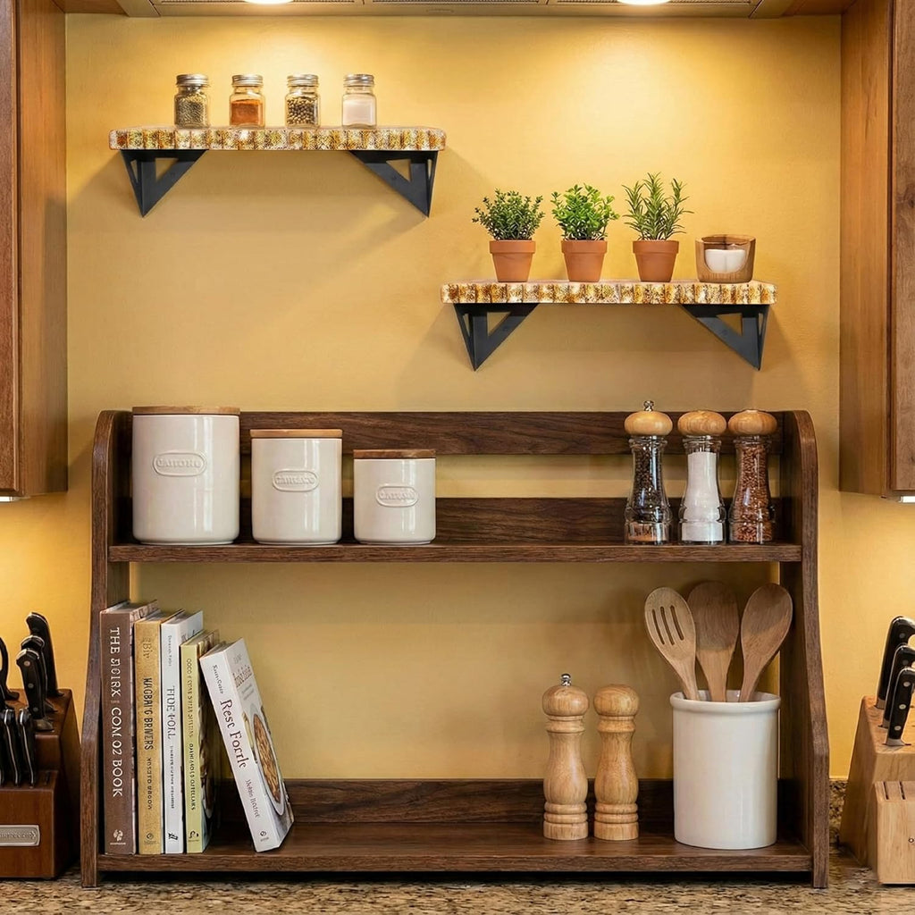 Hanging Wall Shelves Set of 2 - Wood Wall Shelves with Gold Accents - Heavy Duty Wall Mounted Storage & Decor Shelves