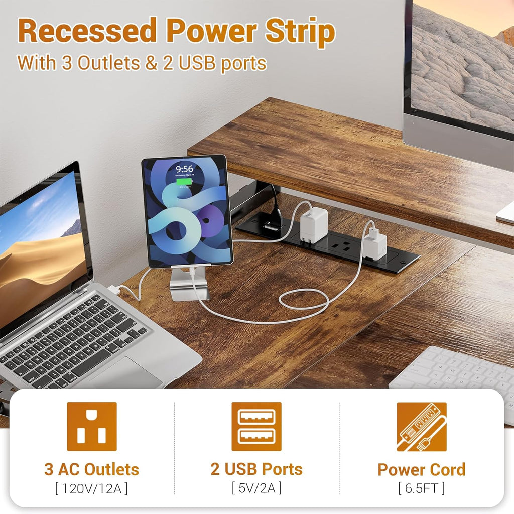 L Shaped Desk with File Drawer, Reversible L Shaped Computer Desk Gaming Desk with Power Outlet & LED Strip