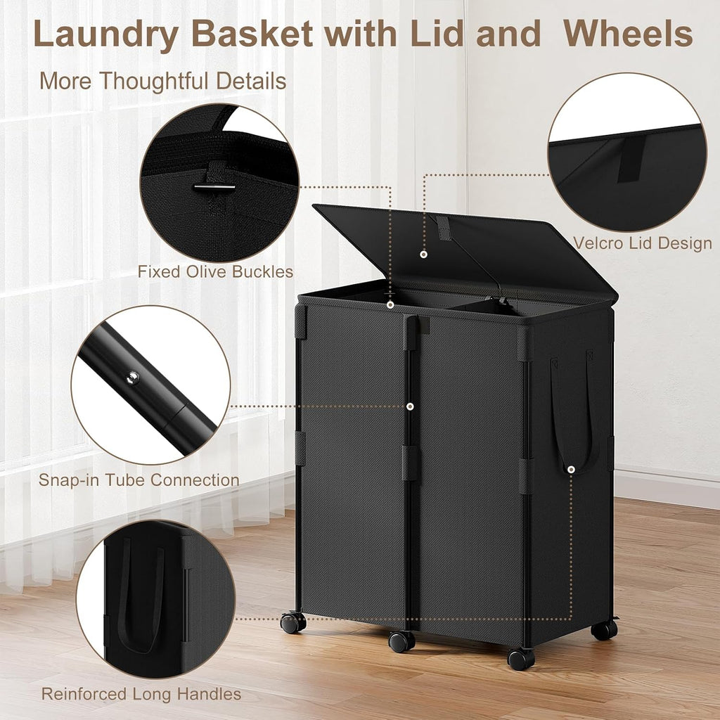 160L Double Laundry Hamper with Lid and 6 Wheels, Rolling Laundry Basket | Metal Frame Laundry Sorter 2 Section with