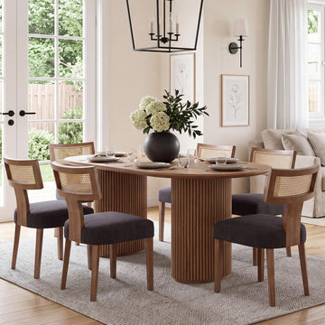 Mid Century Modern Rattan Dining Chairs Set of 6, Farmhouse Linen Upholstered Accent Chair Curved Backrest Kitchen