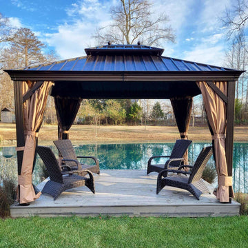 10' X 12' Hardtop Gazebo Canopy for Patio Deck Backyard Heavy Duty Outside Sunshade with Netting and Curtains Outdoor