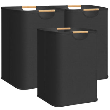 3-Pack Collapsible Laundry Hamper with Bamboo Handles, Black