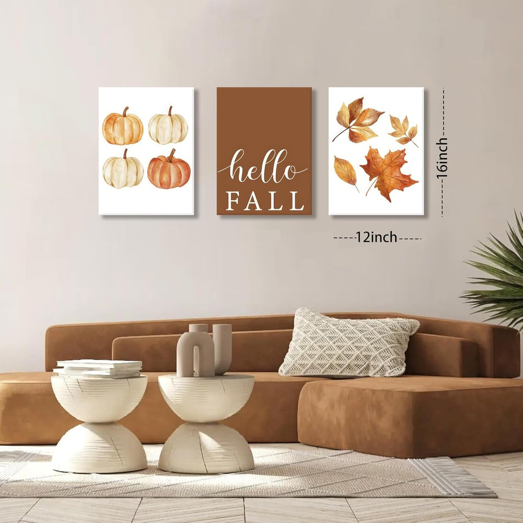 Vintage Fall Wall Art Set of 3, Rustic Farmhouse Seasonal with Hello Fall Sign Canvas Prints Painting, Thanksgiving