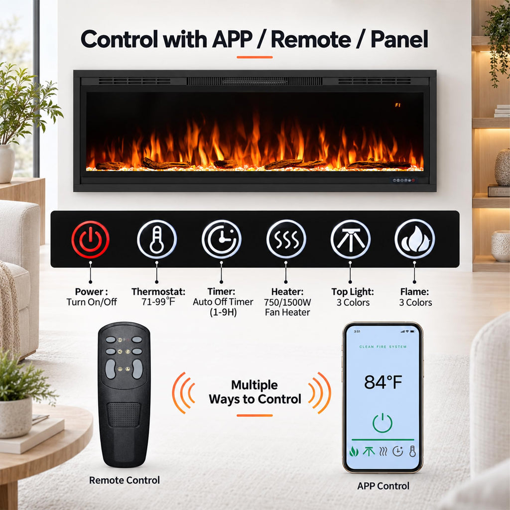 74" WiFi-Enabled Electric Fireplace Insert, APP Smart Control, Wall Mounted&Recessed Linear Fireplace Heater with