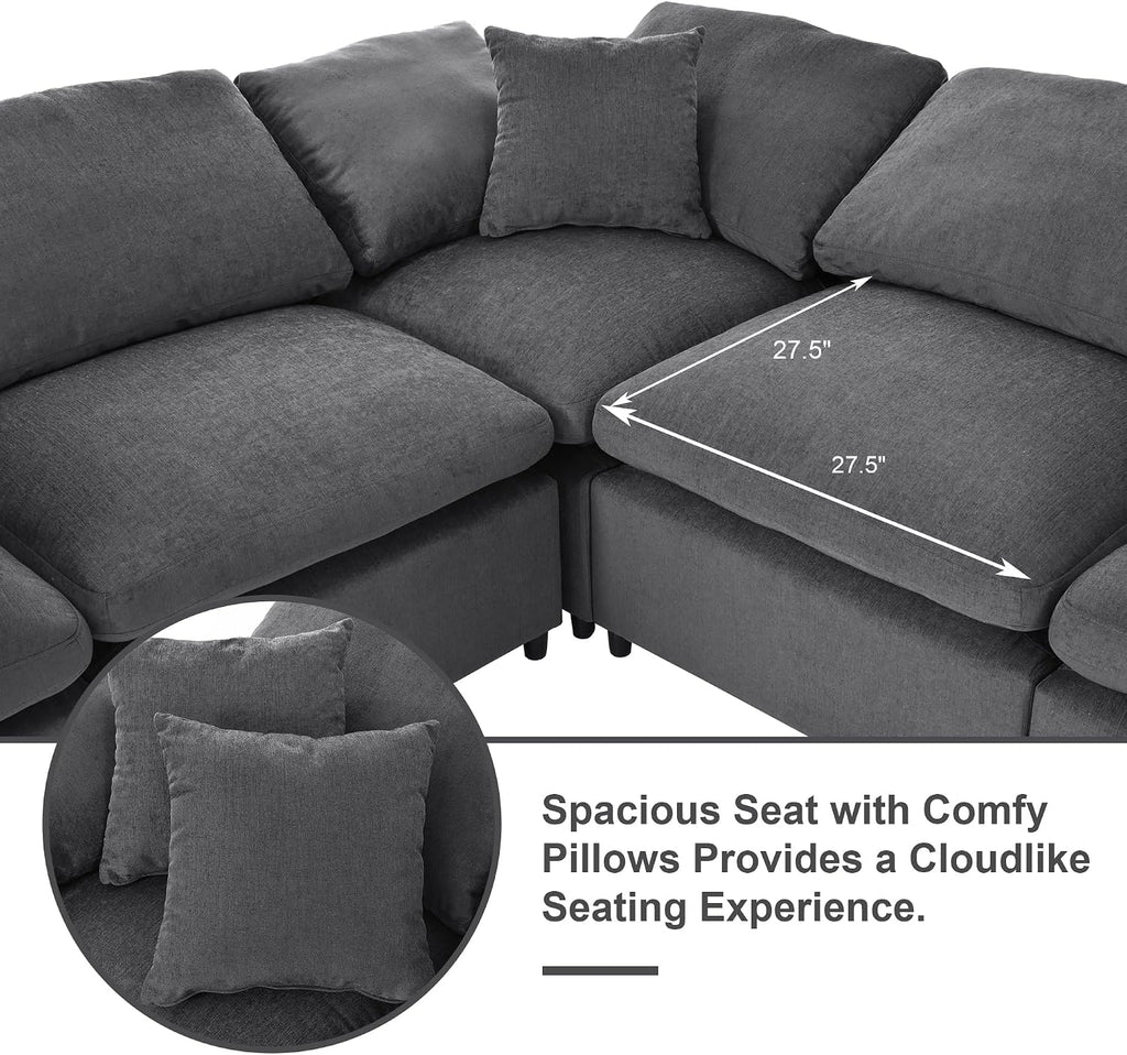 130.3" Oversized Modular Sectional Cloud Sofa Couch, Dark Grey | cloud soft, 7 seater, removable ottoman, easy
