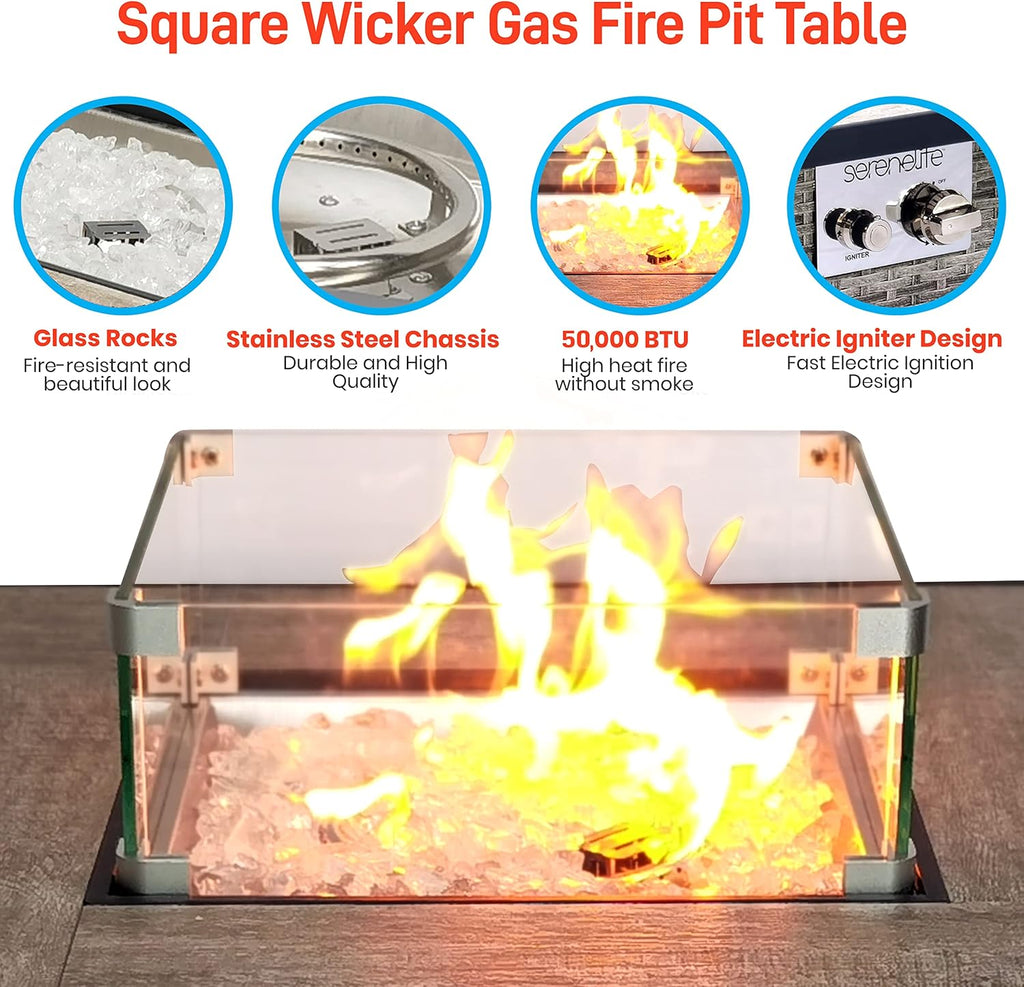 Propane Fire Pit Table, 50000 BTU CSA/ETL Certified Safe Gas Table with Sturdy Wicker Base, Stainless Steel Burner
