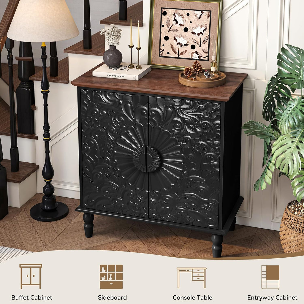 Black Sideboard Buffet Cabinet with 2 Embossed Flowers Doors | Rustic Wood Accent Storage Cabinet, Decorative Cabinet