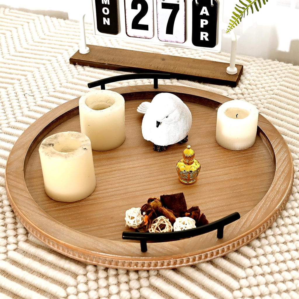 18Inch Brown Wooden Beaded Serving Tray with Handle Decorative Rustic Tray for Coffee Table Farmhouse Round Trays