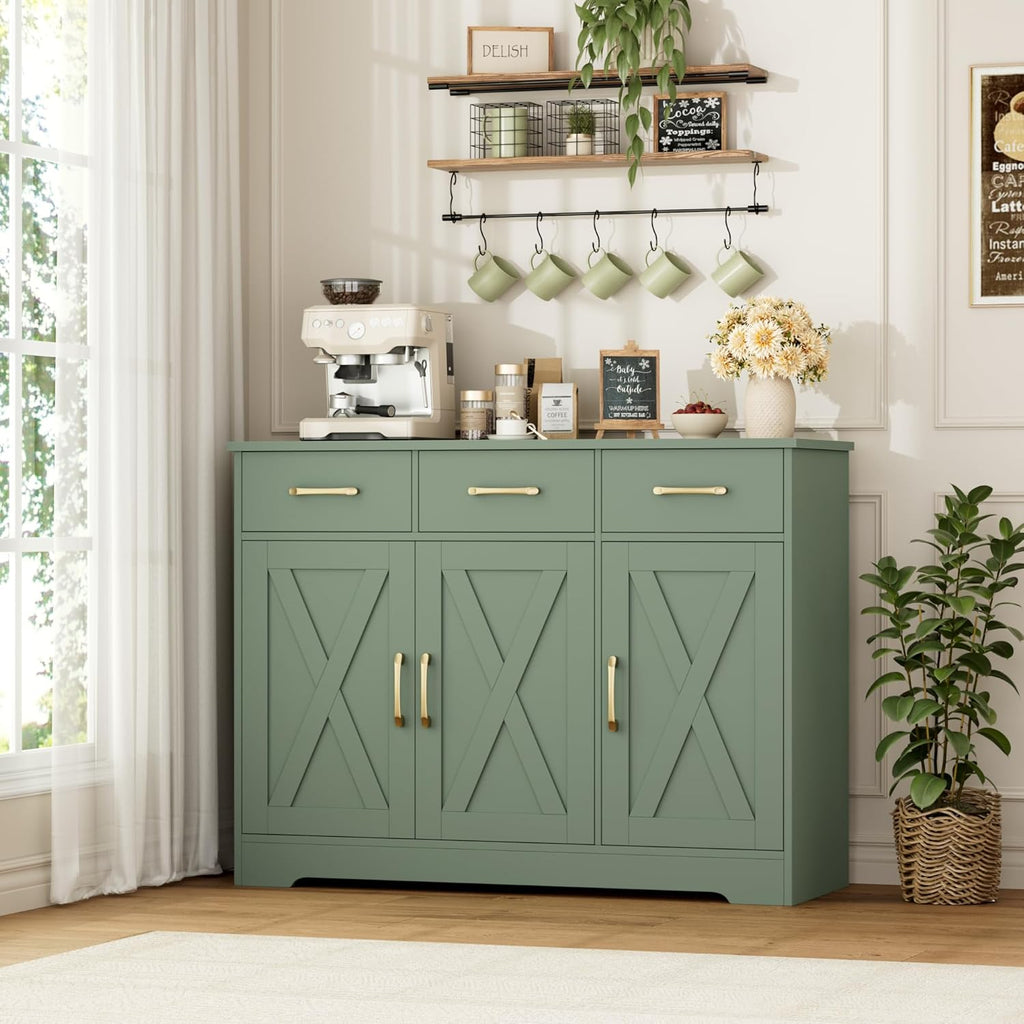 Modern Farmhouse Buffet Sideboard Cabinet, Barn Doors Storage Cabinet with Drawers and Shelves