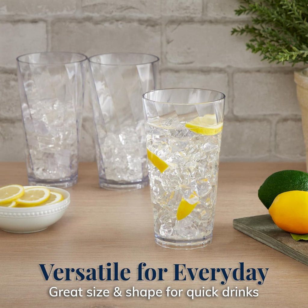 Optix Plastic Reusable Drinking Glasses (Set of 8) 20oz Water Cups in Clear | BPA-Free Tumblers, Made in USA |