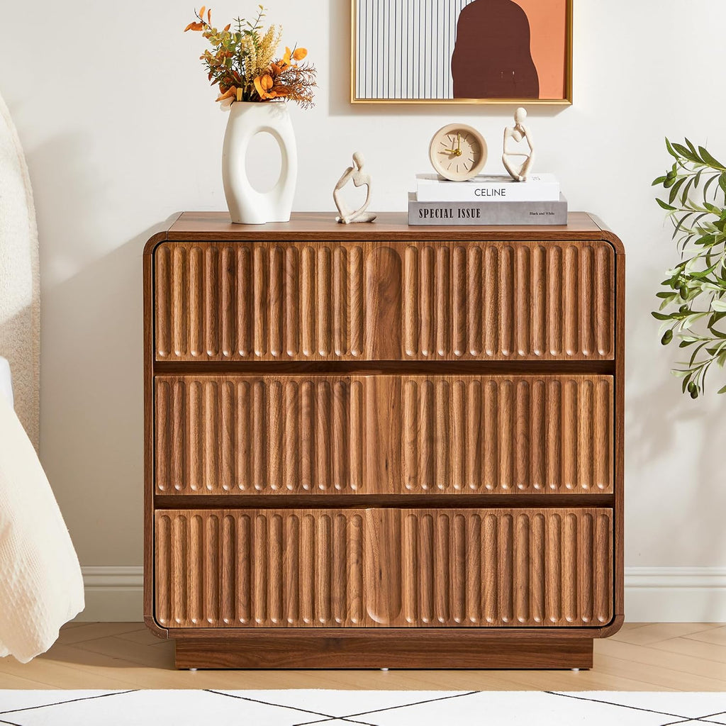 3 Drawer Dresser, 31.5" Wide, Walnut Brown | Mid Century Modern Wood, Chest of Drawers, Fluted Design, Living Room