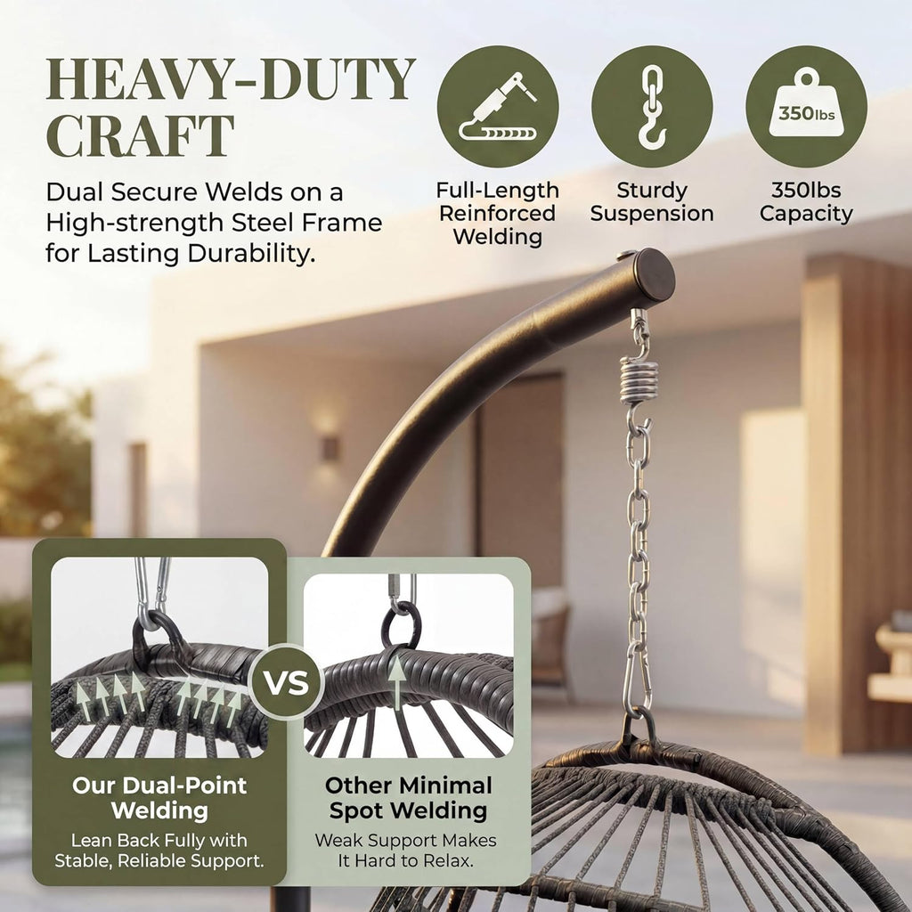 Outdoor Hanging Egg Chair with Stand, Foldable Egg Swing Chair | 350 lbs Heavy Duty, Dark Gray, Wicker Hanging Egg