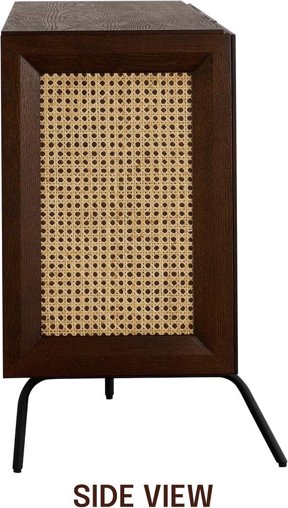 Modern Sideboard with 3 Doors, Natural Rattan Storage Cabinet, Buffet with Metal Legs, Boho Accent Cabinet , and