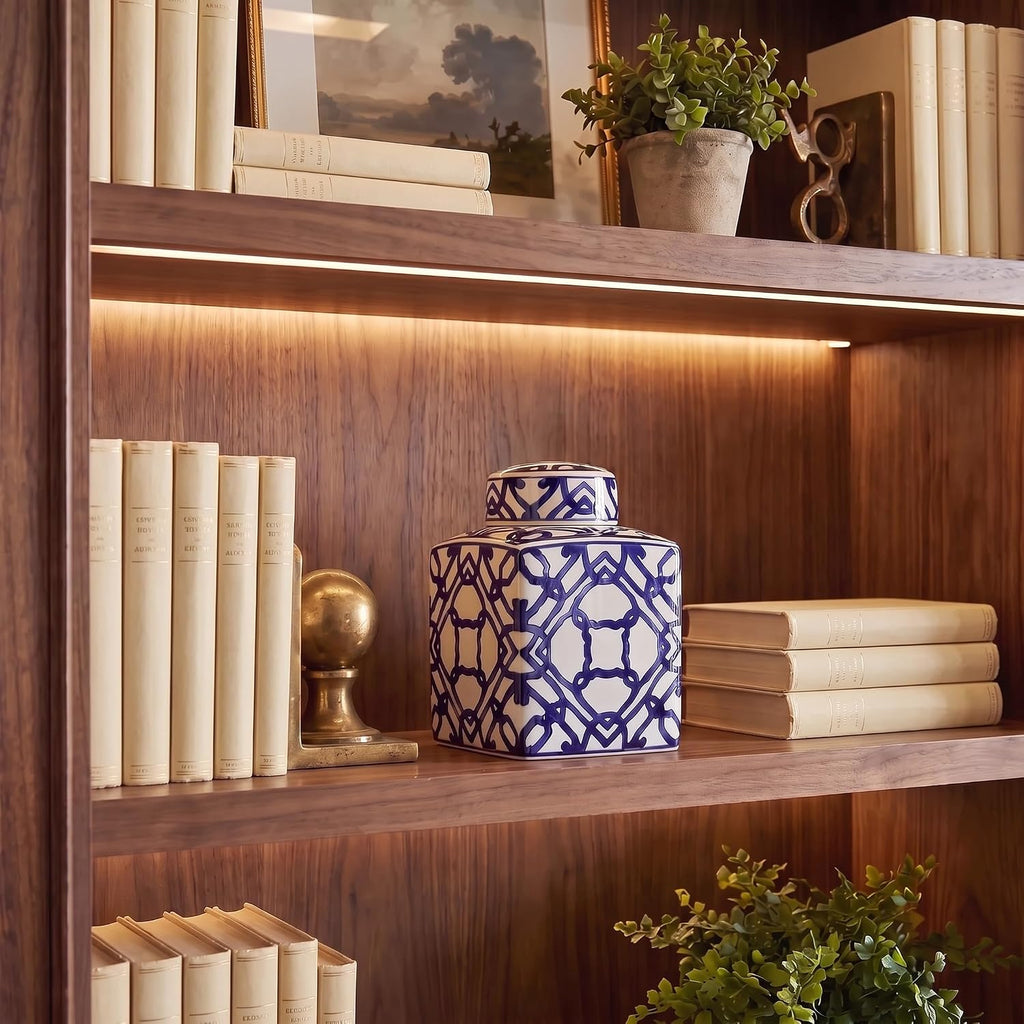 Decorative Square Ceramic Ginger Jar with Lid, Blue and White Geometric Fretwork