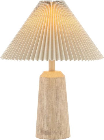 20.5" Beige Wood Finish Resin Cylinder Table Lamp Modern Rustic Scandinavian Bedside Lamp Bedroom wi