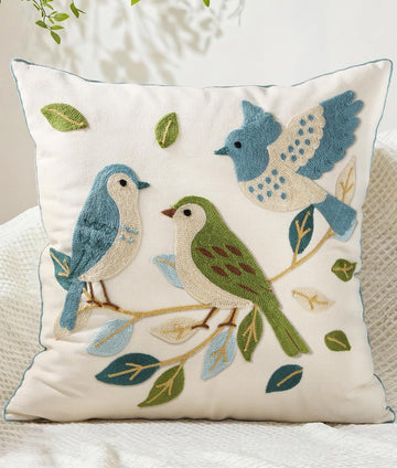 Embroidered Throw Pillow Cover 18x18 Inch - Summer Farmhouse Decorative Pillow Covers with Zipper, Birds Leaves