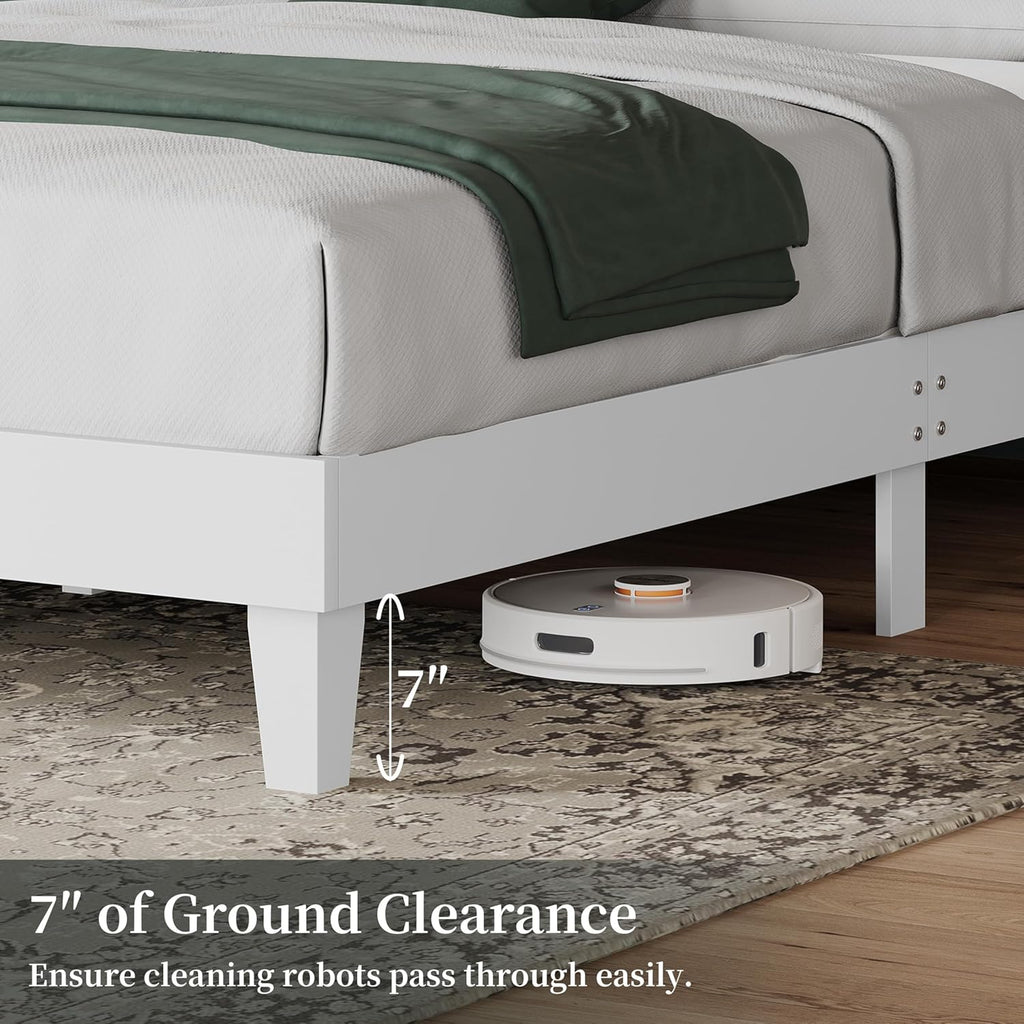 Wood Bed Queen, Farmhouse White Rubberwood Platform Bed Frame with V-Designed Headboard, Sturdy Wooden Support Slats
