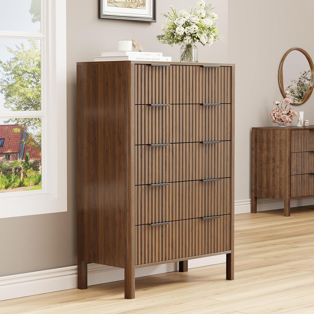 47 Inch Tall Dressers Fluted 5 Drawer Dresser, Wooden Dresser Modern Chest of Drawers Dressers with Organizer Storage