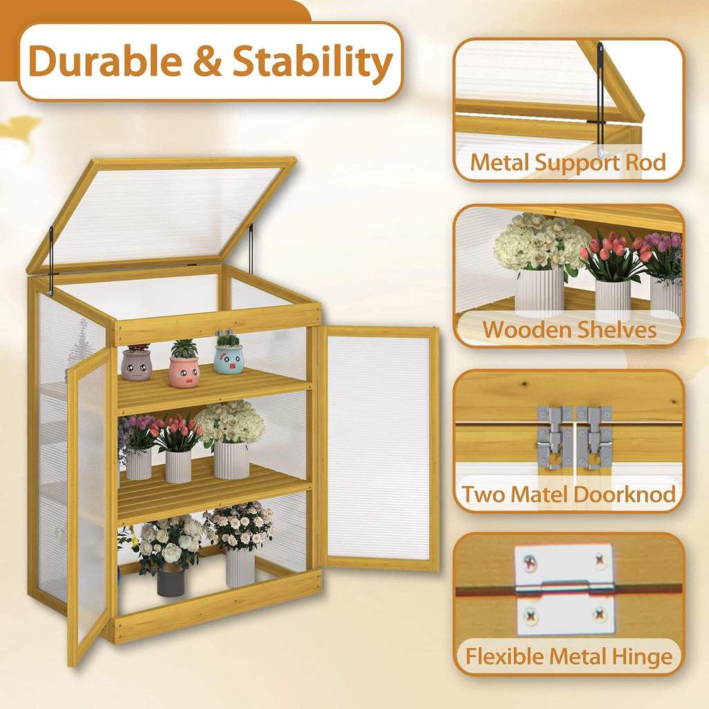 2-Tier Wooden Cold Frame Greenhouse, Garden Portable Mini Cabinet, Flower Shelf Bed for Outdoor Indoor Use