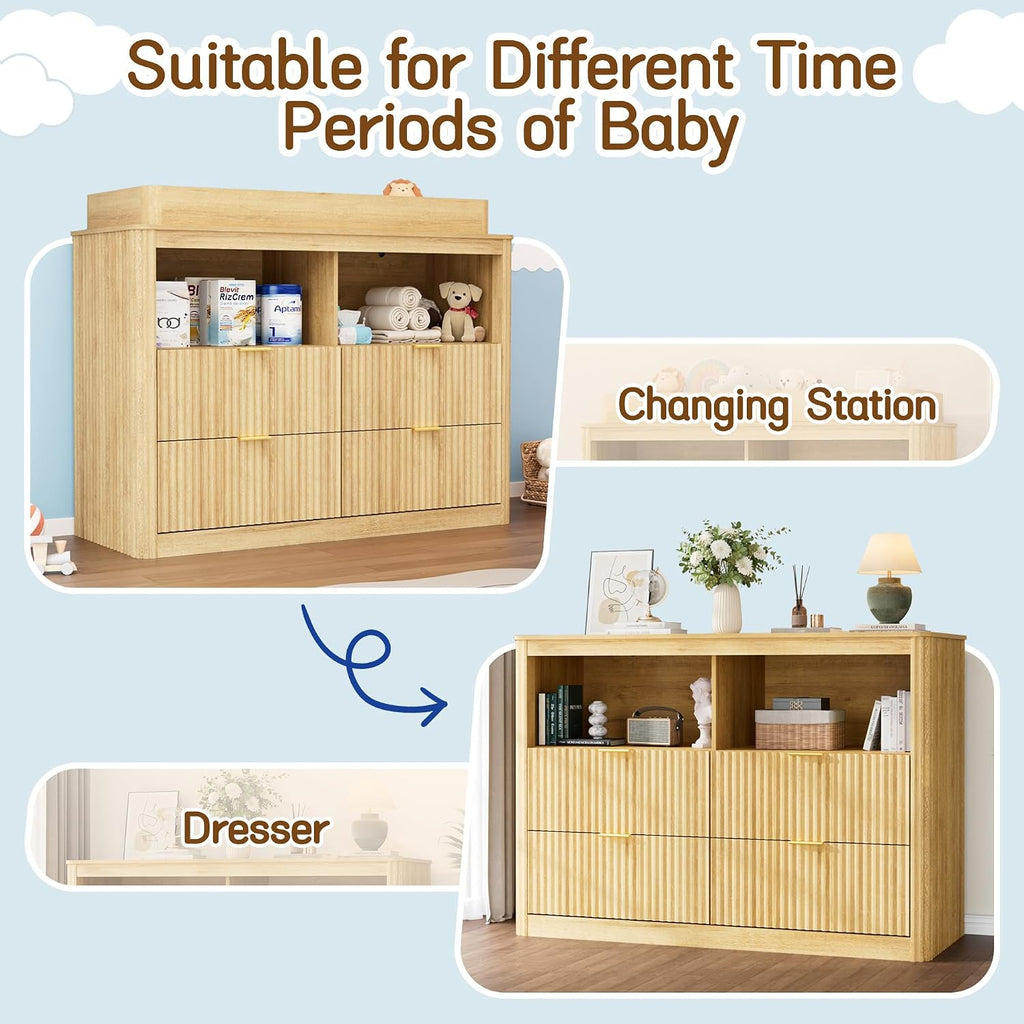 Changing Table Dresser, 4 Large Drawers Wood Baby Nursery Dresser with Raised and Detachable Changing Table Top