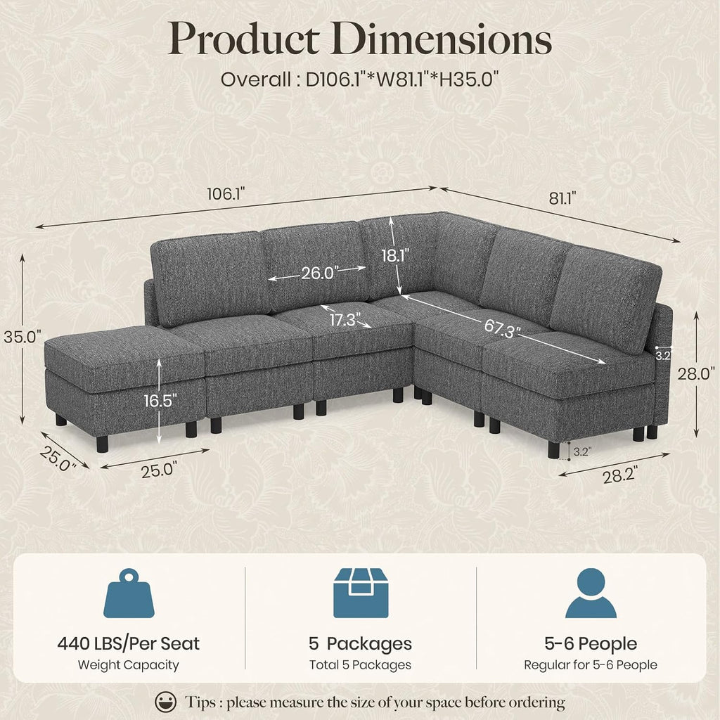 107.1" 6 Seats L Shaped Couch Modular Sectional Sofa Seat Couch with Storage Comfy Washable Sectional Couches Sofas