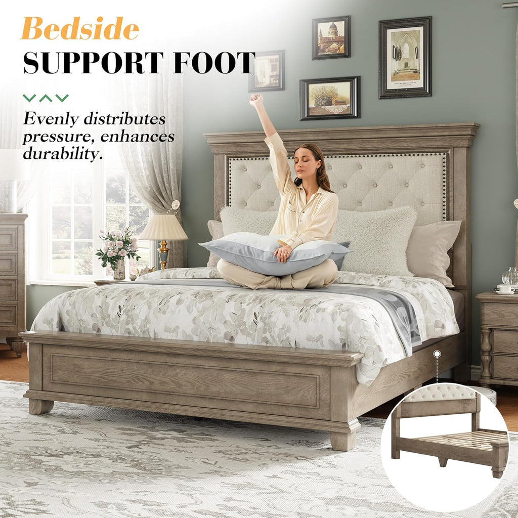 Solid Pine Wood Queen Bed Frame with 69" High Upholstered Headboard, Transitional Style Platform Bed, No Box Spring