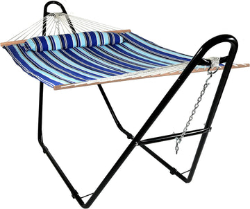 Quilted Double Hammock with Stand for Outside, 440 lb Capacity | Catalina Beach, UV-Resistant, Universal Black Steel