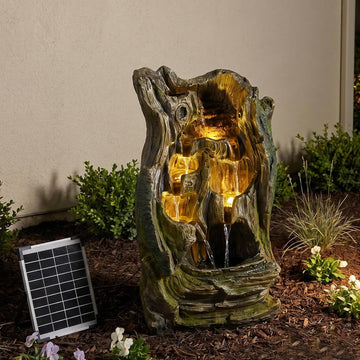 Solar Outdoor Water Fountain, 24.4" Tall Tree Stump Cascading Fountain with Solar Powered Pump