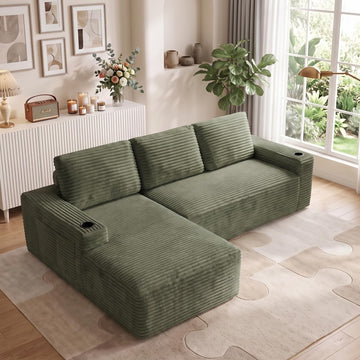 104.3" L Shaped Boneless Sectional Corduroy Couches (Green)