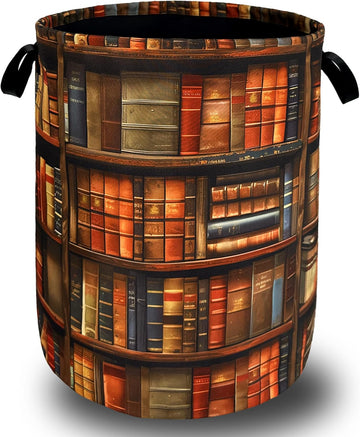 Wooden Bookshelf Laundry Basket Oxford Cloth Foldable Hamper 18.9x16.5inch | Funny Laundry Basket With Handles
