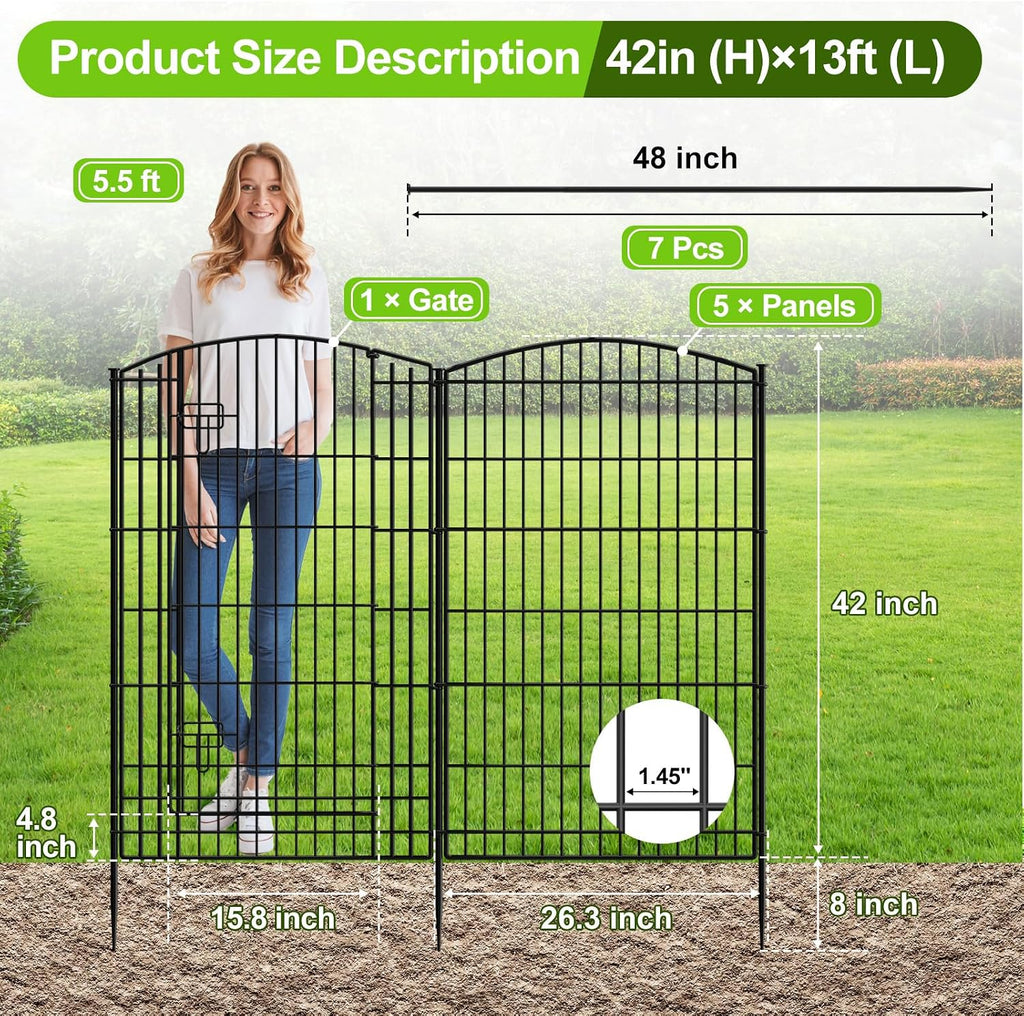 Decorative Garden Fence 6 Panels 13ft (L)×42in (H) Animal Barrier Fences with 5 Panels + 1 Gate, No Dig Garden
