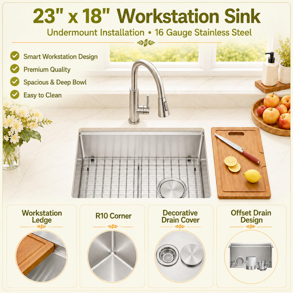 23" X 18" Undermount Kitchen Sink Offset Drain with Workstation