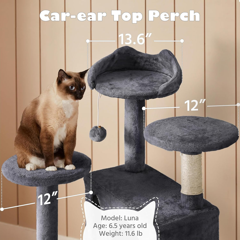 54in Cat Tree, Multi-Level Cat Tower with Spacious Kitten-ear Perch, 2 Cozy Caves, Scratching Posts, Climbing Ladder