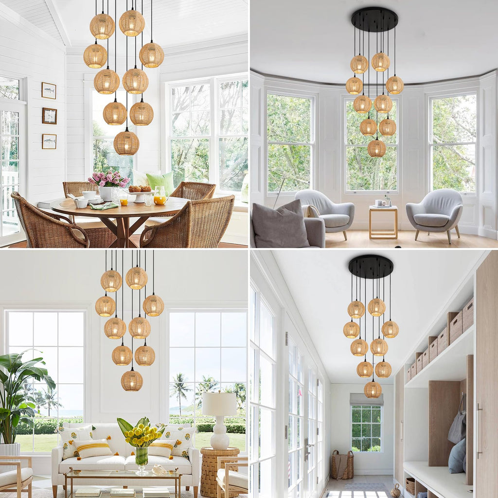 Round 9 Light Boho Pendant Light Rattan Hanging Lamp