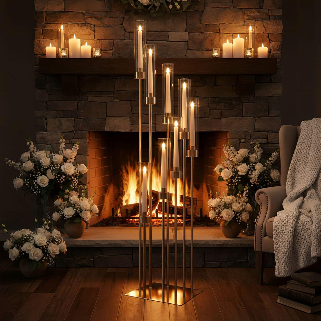 Floor Candelabra Tall 8 Arm Candle Holders, 45.3” Metal Candlestick for Taper Candlesn (Gold)