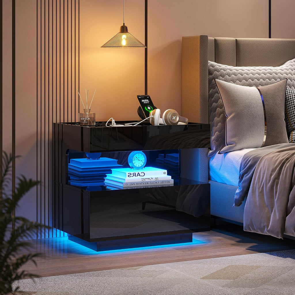 High‐Gloss Smart LED Nightstand | Motion‐Sensor 3‐Color Lighting, Hidden Storage Compartment, Gun Drawers, USB