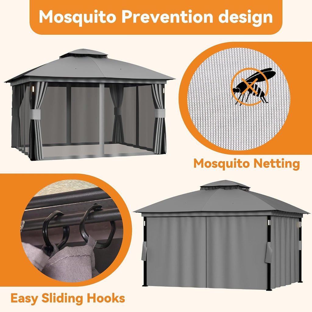 Patio Gazebo 11'x13' with LED Lights & Bluetooth Speaker, Heavy Duty Outdoor Canopy Shelter with Metal Frame - Gray