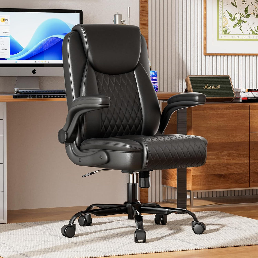 Leather, Home Desk Chair with Flip-up Arms and Ergonomic Back - Comfy Heavy Duty Executive Chair for Home Office