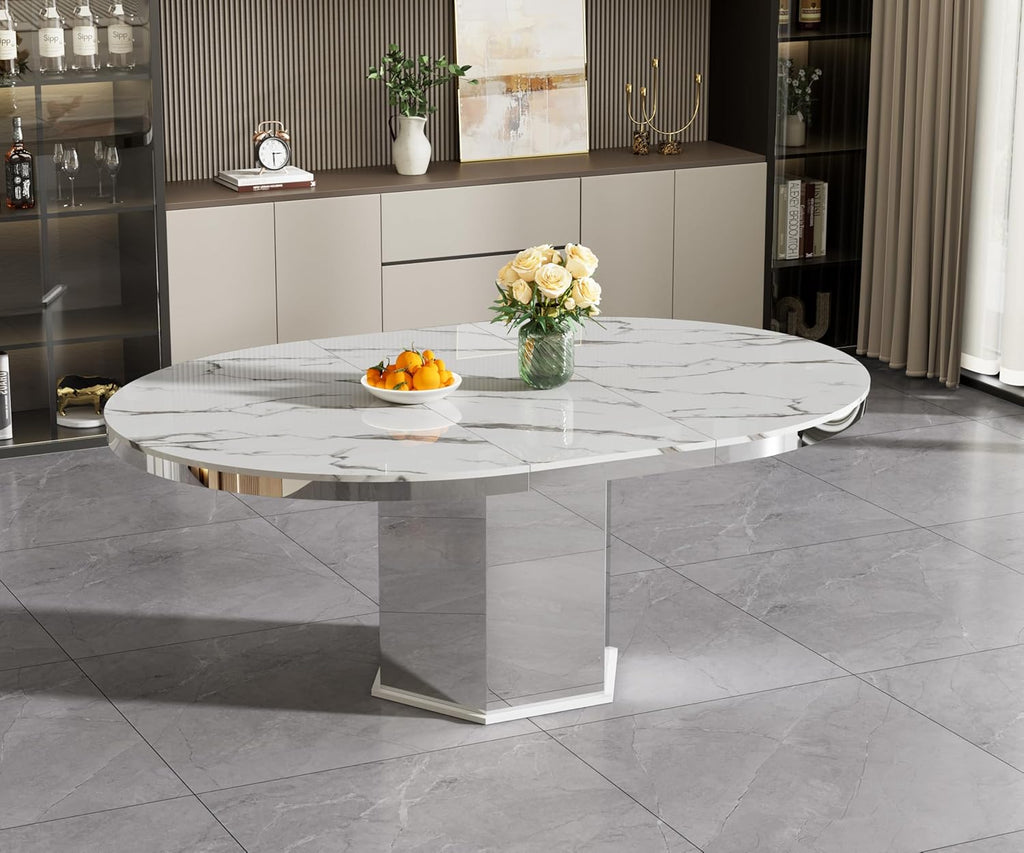 Modern 47"-63" Round White Faux Marble Extendable Dining Table for 4-6, Luxury Round Dining Room Table, Kitchen
