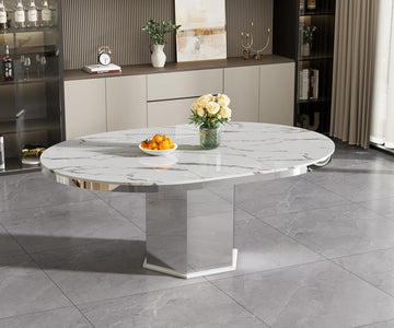 Modern 47"-63" Round White Faux Marble Extendable Dining Table for 4-6, Luxury Round Dining Room Table, Kitchen