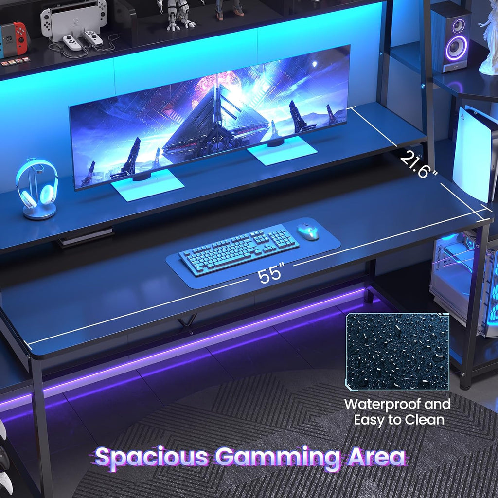 79'' Gaming Desk with LED Lights, Hutch and Storage Shelves, Black