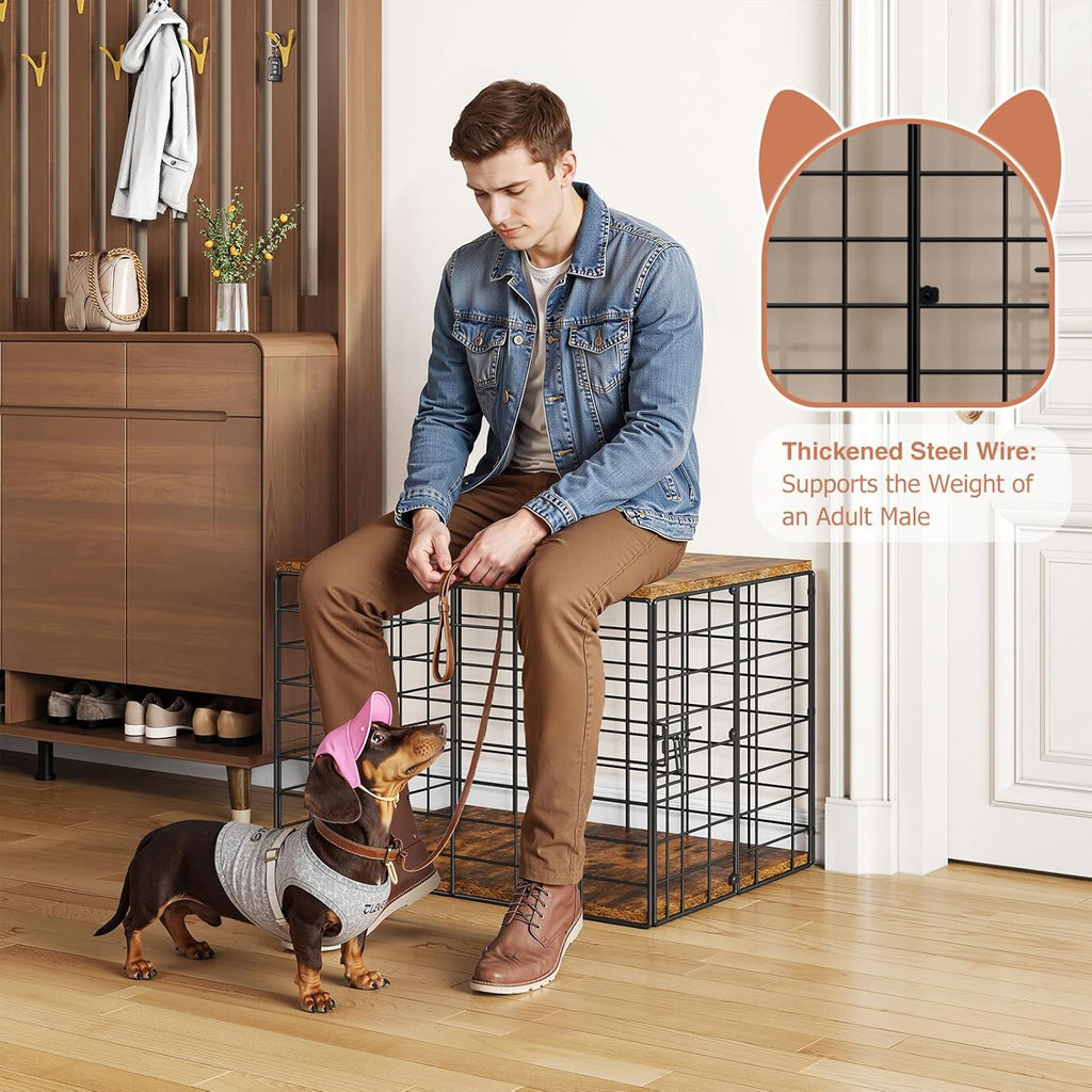 24 Inch Small Dog Crate Furniture - All-Season Indoor Dog Kennel with Wooden Top & Thickened Metal Wire