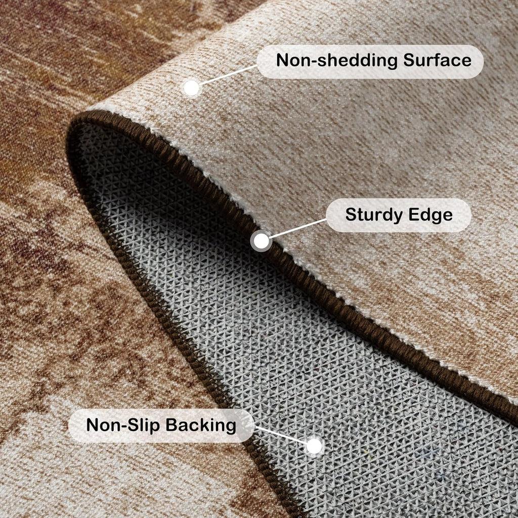 Washable Area Rug 9x12, Non-Slip Low Pile Abstract Brown