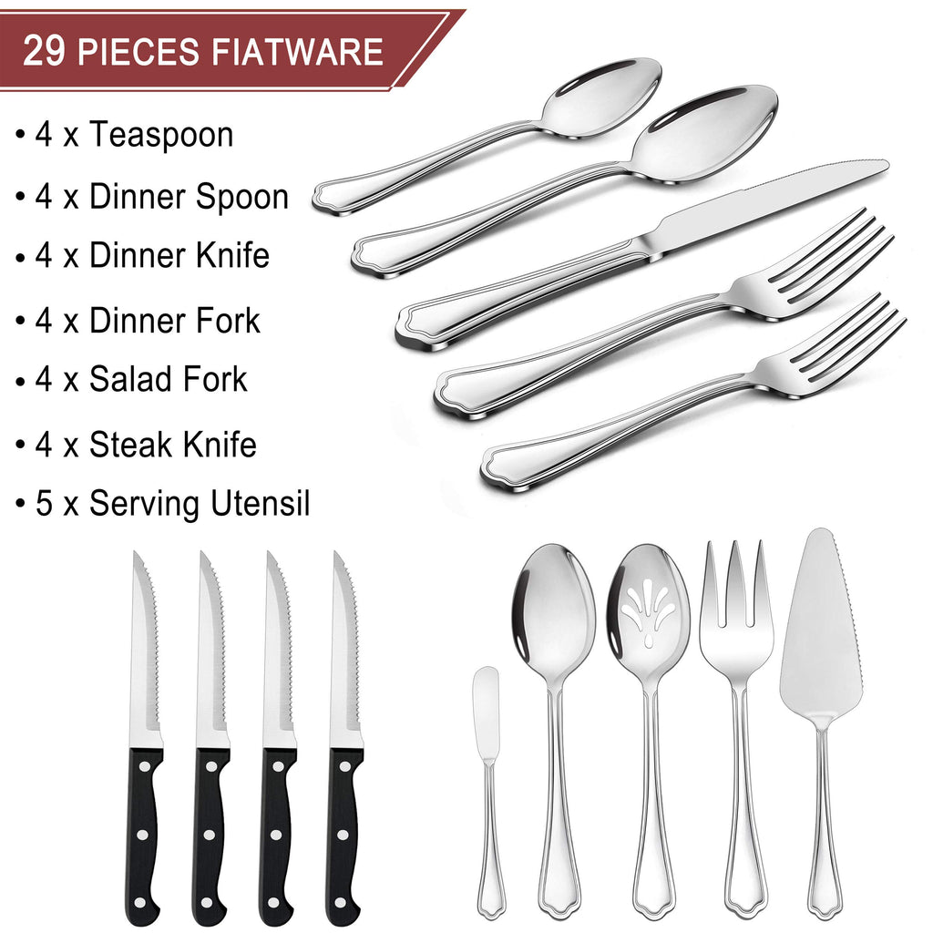 29-Piece Silverware Flatware Set for 4, Stainless Steel Cutlery Set