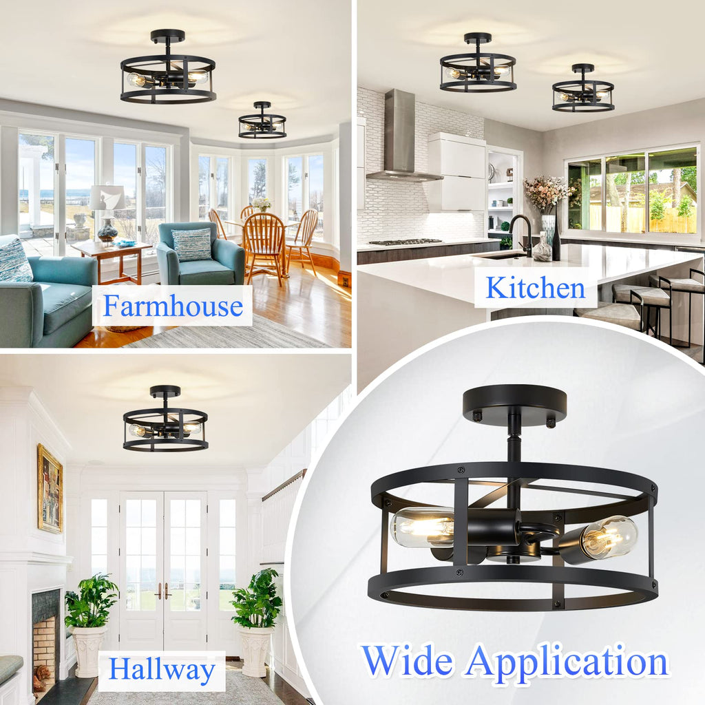 Semi Ceiling Light Fixture, 3-Light Black Flush Mount Ceiling Light, 13 Inch Hallway Light fixtures Ceiling, Light