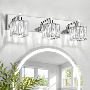 3-Light Crystal Bathroom Vanity Light Square, Chrome